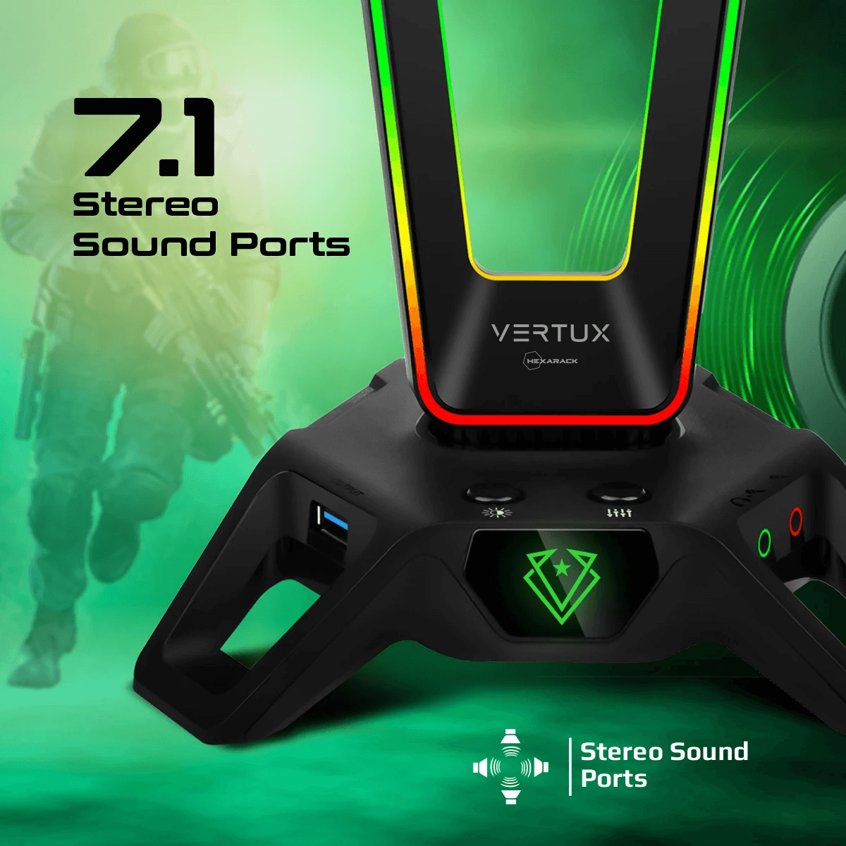 VERTUX HEXARACK GAMING HEADPHONE STAND WITH IMMERSIVE 7.1 AUDIO PORTS BLACK - DataBlitz