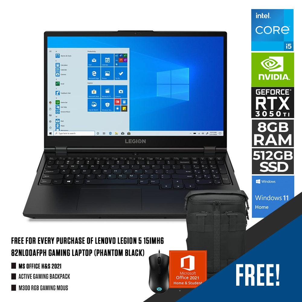 LENOVO Legion 5 15IMH6 82NL00AFPH Gaming Laptop (Phantom Black) | 15.6" FHD | i5-10500H | 8GB DDR4 | 512GB SSD | RTX 3050 Ti | Windows 11 Home + MS OFFICE H&S 2021 + Active Gaming Backpack + M300 RGB Gaming Mouse - DataBlitz