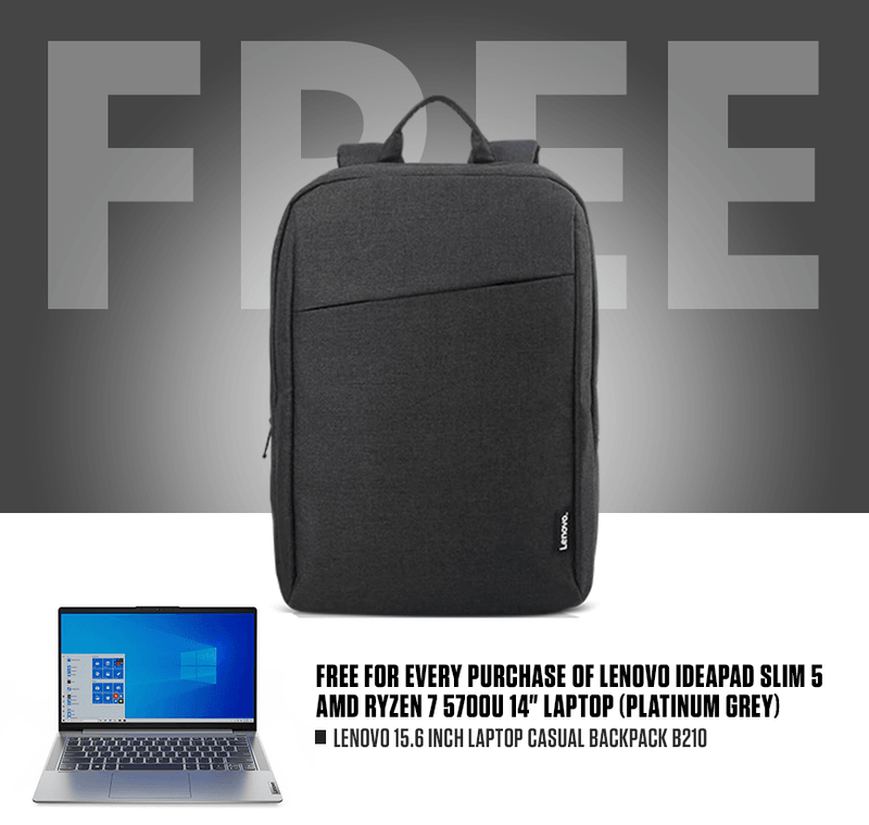 LENOVO IDEAPAD SLIM 5 AMD RYZEN 7 5700U LAPTOP (PLATINUM GREY) | 14” FHD | RYZEN 7 5700U |16GB DDR4 | 512GB SSD | AMD RADEON | WIN10 + LENOVO LAPTOP CASUAL BACKPACK B210 - DataBlitz