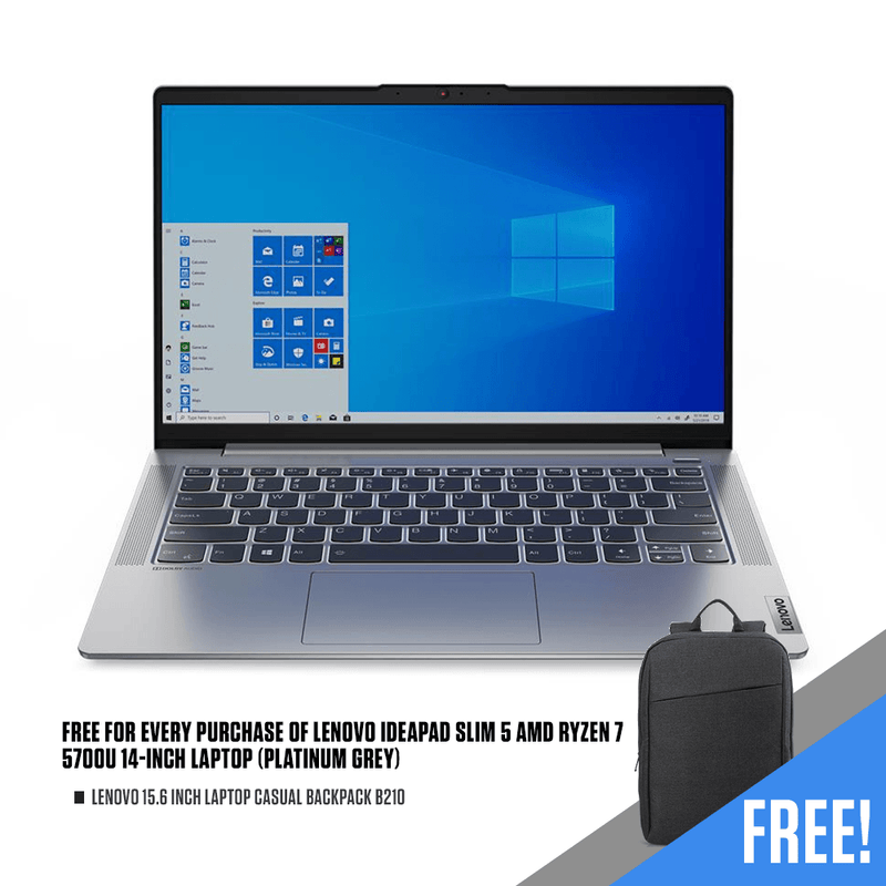LENOVO IDEAPAD SLIM 5 AMD RYZEN 7 5700U LAPTOP (PLATINUM GREY) | 14” FHD | RYZEN 7 5700U |16GB DDR4 | 512GB SSD | AMD RADEON | WIN10 + LENOVO LAPTOP CASUAL BACKPACK B210 - DataBlitz