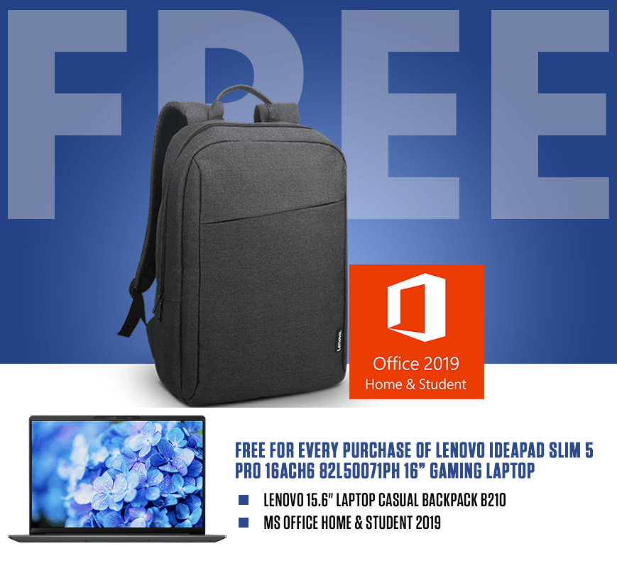 LENOVO IDEAPAD SLIM 5 PRO 16ACH6 82L50071PH LAPTOP (STORM GREY) | 16" FHD | RYZEN 5 5600H | 16GB DDR4 | 512GB SSD | RTX 3050 | WIN10 + LENOVO LAPTOP CASUAL BACKPACK B210 + LENOVO MONITOR D24-20 - DataBlitz