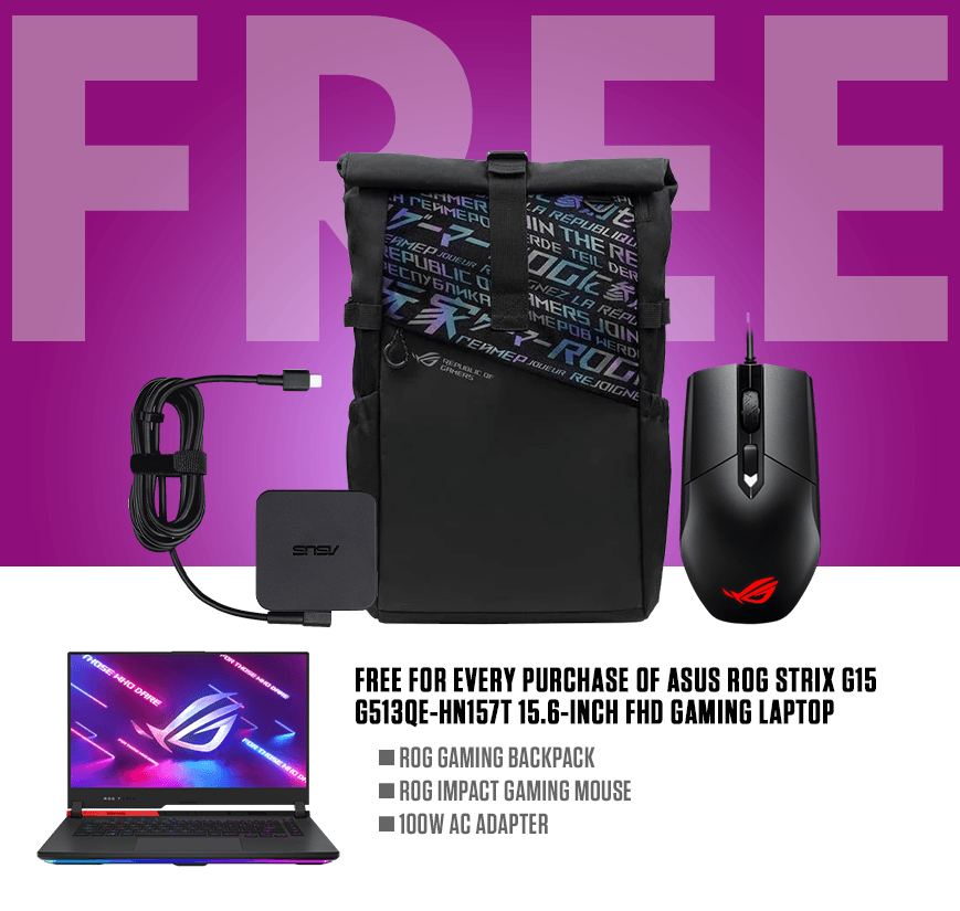 ASUS ROG STRIX G15 G513QE-HN157T GAMING LAPTOP (ORIGINAL BLACK) | 15.6" FHD | RYZEN 9 5900HX | 8GB DDR4 | 1TB SSD | RTX 3050 TI | WIN10 + ROG BACKPACK + ROG IMPACT GAMING MOUSE TYPE-C + 100W AC ADAPTER - DataBlitz