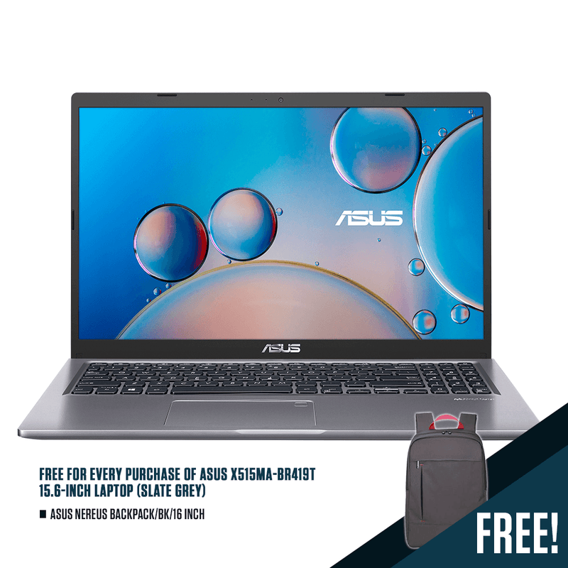 ASUS X515MA-BR419T LAPTOP (SLATE GREY) | 15.6" HD | Celeron® N4020 | 4GB DDR4 | 128GB SSD | Intel® UHD | WIN10 + ASUS NEREUS BACKPACK/BK - DataBlitz