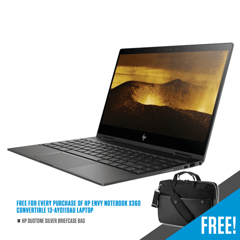 HP ENVY NOTEBOOK X360 CONVERTIBLE AY0119AU 13.3" LAPTOP + HP DUOTONE SILVER BRIEFCASE BAG - DataBlitz
