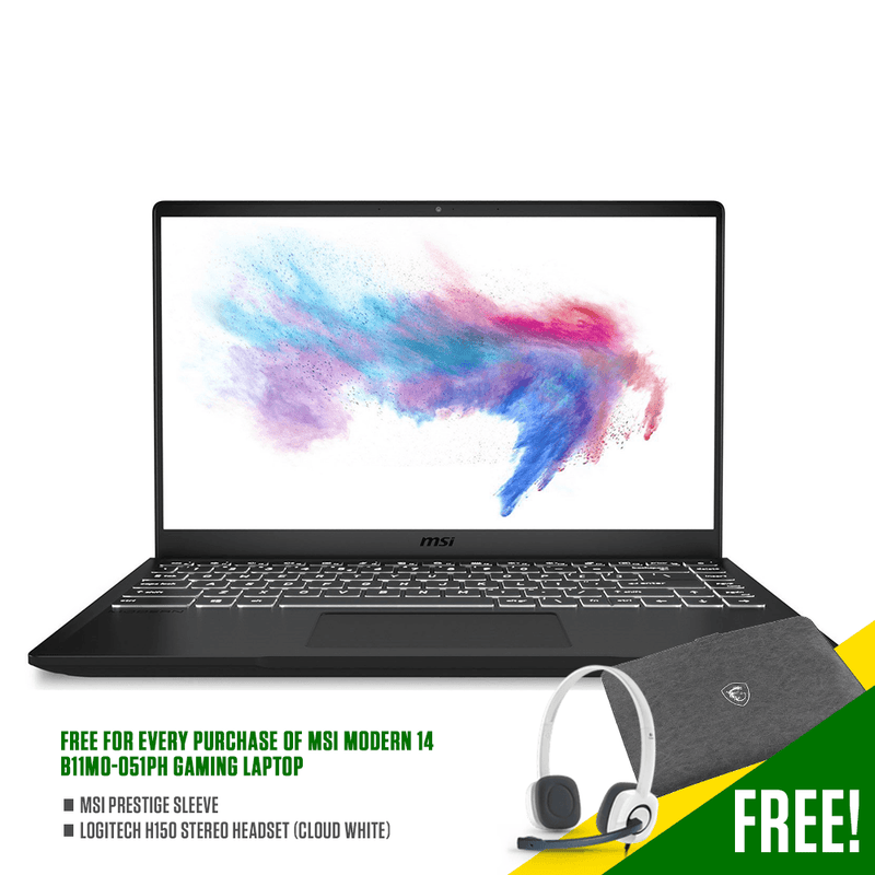MSI MODERN 14 B11MO-051PH 14" GAMING LAPTOP + FREE MSI PRESTIGE SLEEVE + LOGITECH H150 STEREO HEADSET (CLOUD WHITE) - DataBlitz