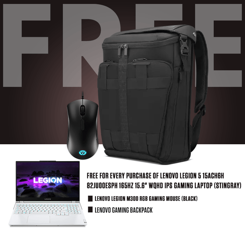 LENOVO LEGION 5 15ACH6H 82JU00ESPH GAMING LAPTOP (STINGRAY) | 15.6" WQHD | RYZEN 5 5600H | 8GB DDR4 | 512GB SSD | WIN10 + LENOVO LEGION M300 RGB GAMING MOUSE + LENOVO GAMING BACKPACK - DataBlitz