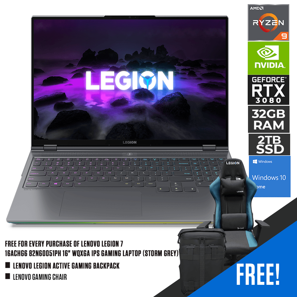 LENOVO LEGION 7 16ACHG6 82N60051PH GAMING LAPTOP (STORM GREY) | 16" WQXGA | RYZEN 9 5900HX | 32GB DDR4 | 2TB SSD | RTX 3080 | WIN10 + LENOVO LEGION ACTIVE GAMING BACKPACK + LENOVO GAMING CHAIR - DataBlitz