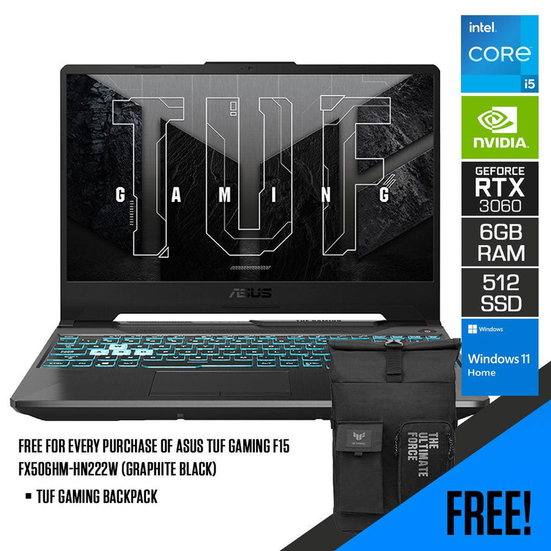 ASUS TUF F15 FX506HM-HN222W Gaming Laptop (Graphite Black) | 15.6” | i5-11400H | 8GB DDR4 | 512GB SSD | RTX 3060 | Win11 + Gaming Backpack - DataBlitz