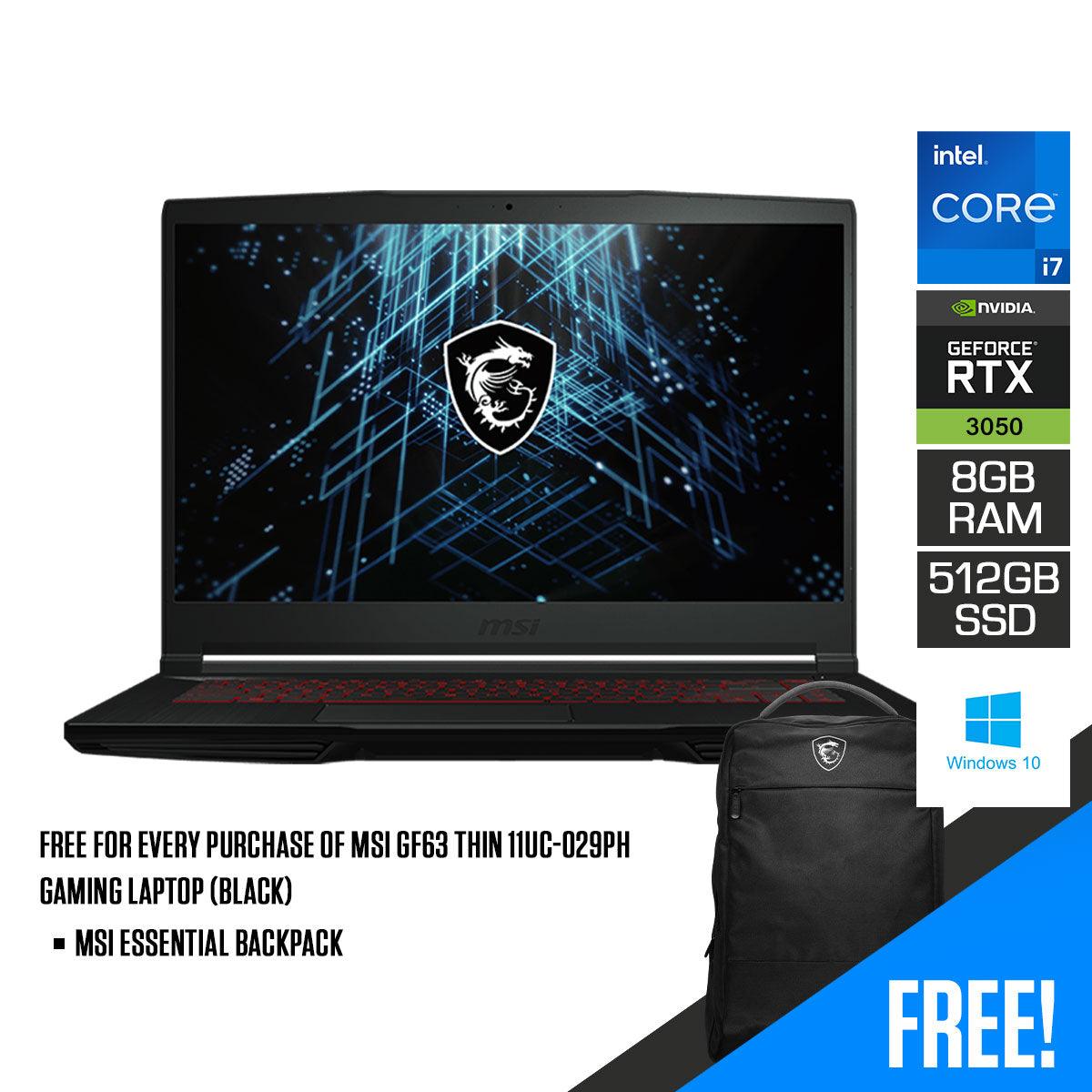MSI GF63 Thin 11UC-029PH Gaming Laptop (Black) | 15.6" FHD | i7-11800H+HM570 | 8GB DDR4 | 512GB SSD | RTX3050 | Windows 10 Home | MSI Essential Backpack - DataBlitz