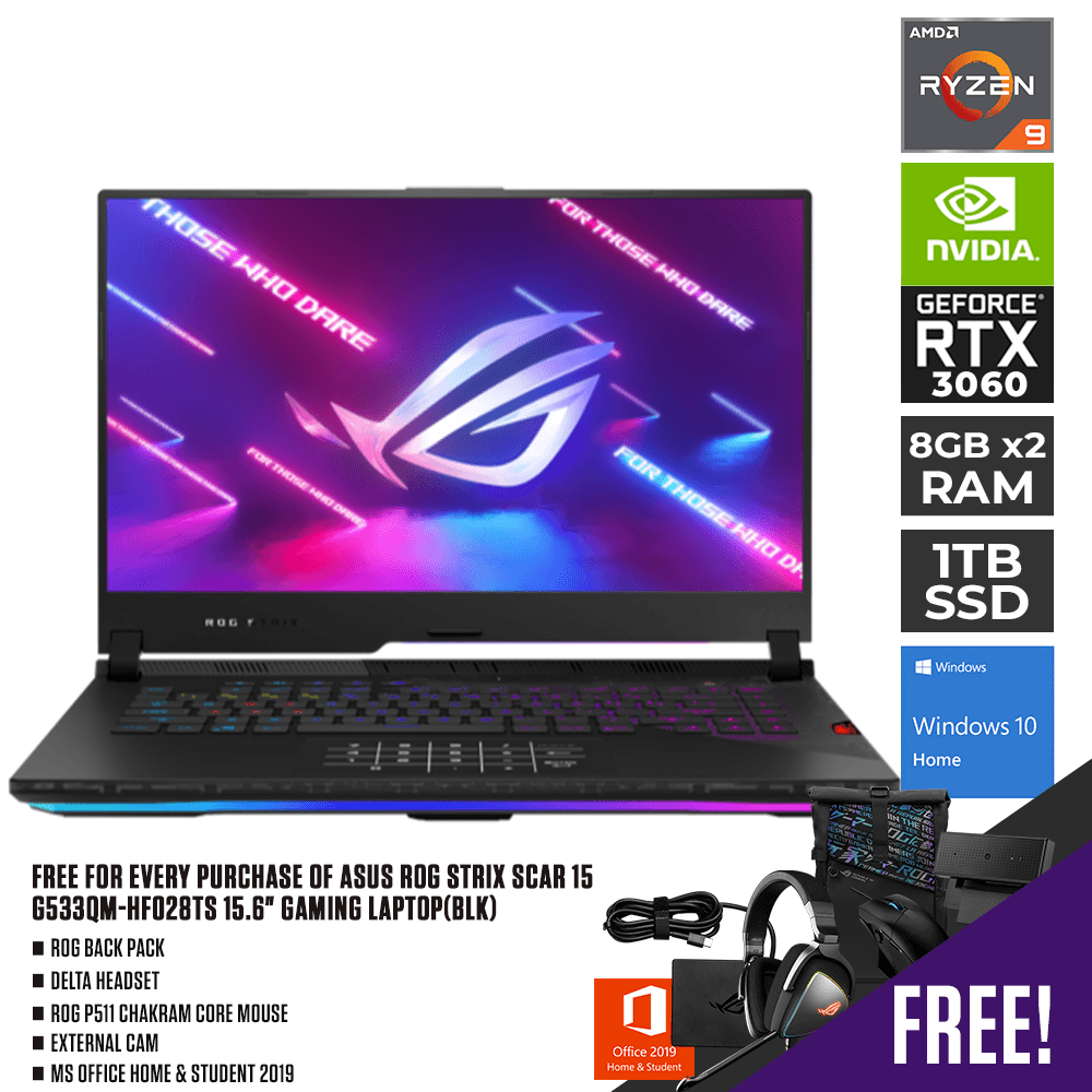 ASUS ROG STRIX SCAR 15 G533QM-HF028TS 15.6" Gaming Laptop (BLK) | RYZEN 9 5900HX | 16GB DDR4 | 1TB SSD | RTX 3060 | WIN10 | ROG Backpack | Delta Headset | ROG P511 CHAKRAM Core Mouse with External Cam | MS Office Home and Student - DataBlitz