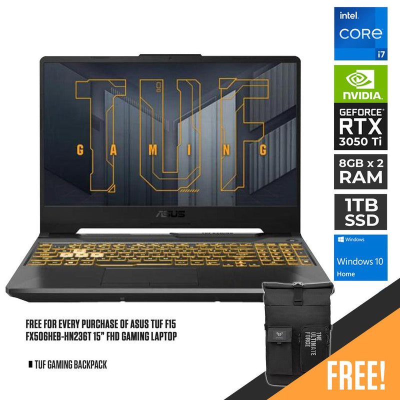 ASUS TUF F15 FX506HEB-HN236T GAMING LAPTOP (ECLIPSE GRAY) | 15" FHD | i7-11800H | 8GB DDR4 | 1TB SSD | RTX 3050 TI | WIN10 + TUF GAMING BACKPACK - DataBlitz