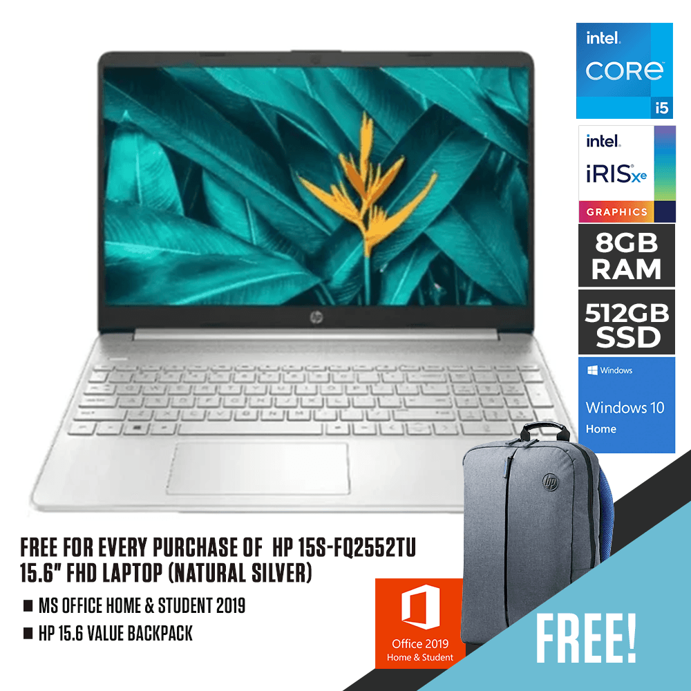 HP 15S-FQ2552TU LAPTOP (NATURAL SILVER) | 15.6" FHD | i5-1135G7 | 8GB DDR4 | 512GB SSD | IRIS XE | WIN10 + HP 15.6 VALUE BACKPACK - DataBlitz
