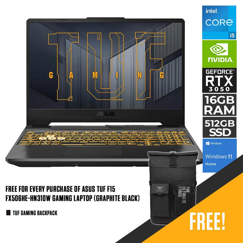 ASUS TUF F15 FX506HE-HN310W GAMING LAPTOP (GRAPHITE BLACK) | 15.6" FHD | i5-11400H | 16GB DDR4 | 512GB SSD | RTX 3050Ti | WIN11 + TUF GAMING BACKPACK - DataBlitz