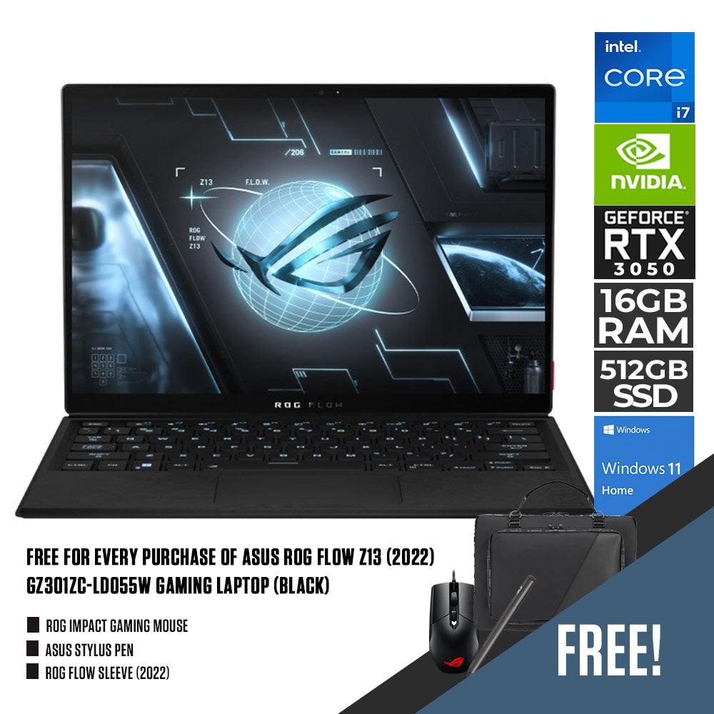 ASUS ROG Flow Z13 (2022) GZ301ZC-LD055W Gaming Laptop (Black) | 13.4" FHD| i7-12700H | 16GB LPDDR5 | 512 SSD | RTX™ 3050 | Windows 11 Home + ROG Flow Sleeve (2022) + ROG Impact Gaming Mouse + ASUS Stylus Pen - DataBlitz