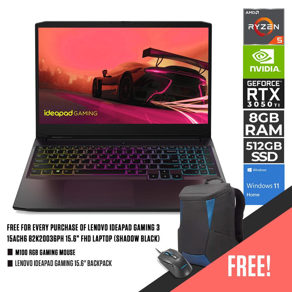 LENOVO IDEAPAD GAMING 3 15ACH6 82K20036PH LAPTOP (SHADOW BLACK) | 15.6” FHD | Ryzen 5 5600H | 8GB DDR4 | 512GB SSD | RTX 3050 Ti + M100 RGB GAMING MOUSE + LENOVO IDEAPAD GAMING 15.6" BACKPACK - DataBlitz