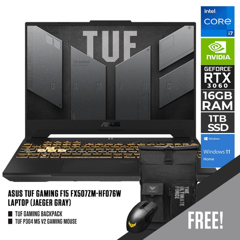 ASUS TUF GAMING F15 FX507ZM-HF076W LAPTOP (JAEGER GRAY) | 15.6" FHD IPS | i7-12700H | 16GB DDR4 | 1TB SSD | RTX 3060 | WIN11 + TUF P304 M5 V2 GAMING MOUSE W/ FREE TUF GAMING BACKPACK - DataBlitz