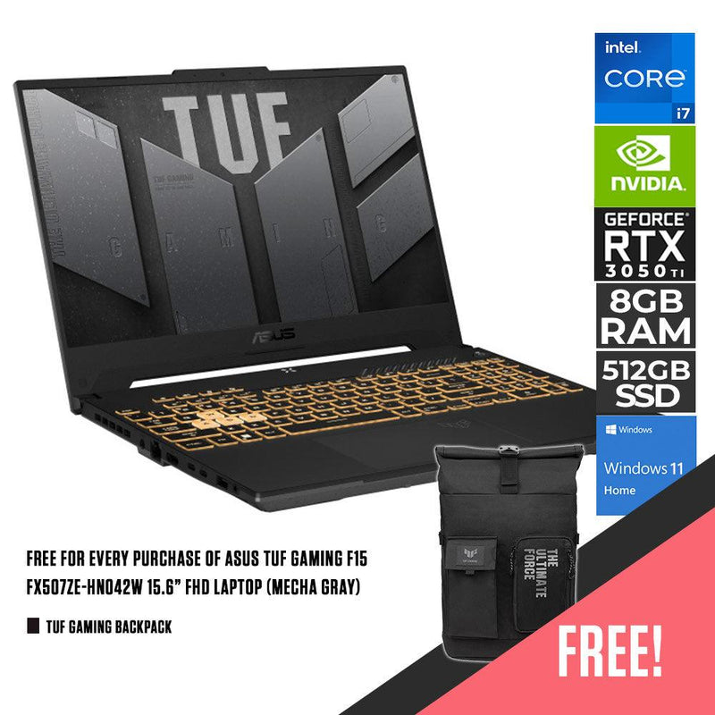 Asus TUF Gaming F15 FX507ZE-HN042W Laptop (Mecha Gray) | 15.6” FHD | i7-12700H | 8GB DDR5 | 512GB SSD | RTX 3050 Ti | Win11 + TUF Gaming Backpack - DataBlitz