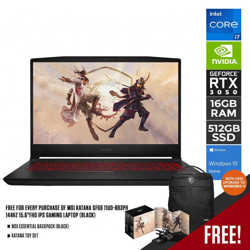 MSI KATANA GF66 11UD-883PH GAMING LAPTOP (BLACK) | 15.6" FHD | DDR4 16 | 512GB SSD | RTX 3050 Ti | WIN11 W/ FREE KATANA TOY SET + MSI ESSENTIAL BACKPACK (BLACK) - DataBlitz