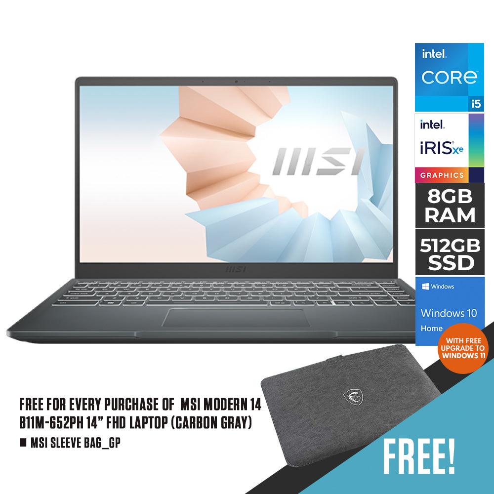MSI MODERN 14 B11M-652PH LAPTOP (CARBON GRAY) | 14" FHD | i5-1155G7 | 8GB DDR4 | 512GB SSD | IRIS XE | WIN10 + MSI SLEEVE BAG_GP - DataBlitz