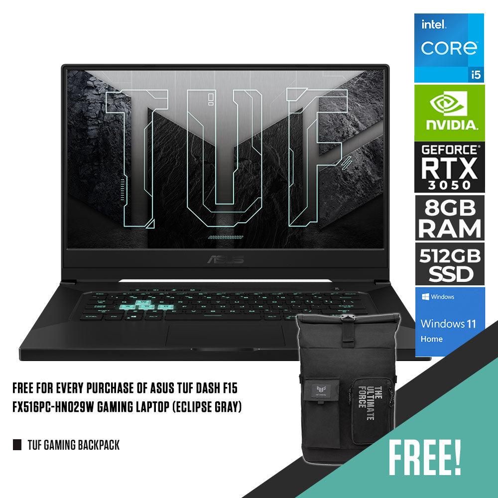 ASUS TUF DASH F15 FX516PC-HN029W GAMING LAPTOP (ECLIPSE GRAY) | 15.6" FHD | i5-11300H | 8GB DDR4 | 512GB SSD | RTX 3050 | WIN11 + TUF GAMING BACKPACK - DataBlitz