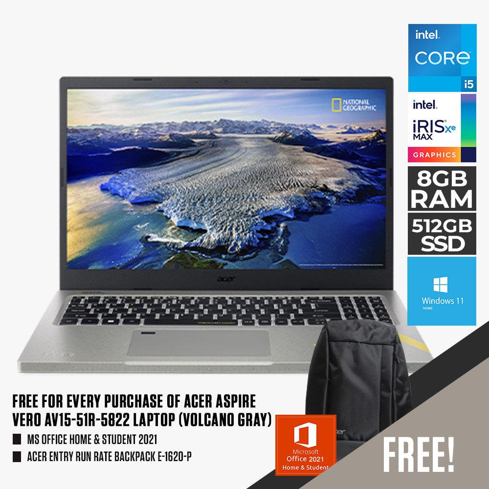 ACER ASPIRE VERO AV15-51R-5822 Laptop (Volcano Gray) | 15.6” IPS FHD | i5 1155G7 | 8GB DDR4 | 512GB SSD | IRIS XE | WIN11 + MS Office Home & Student 2021 + ACER Entry Run Rate Backpack E-1620-P - DataBlitz