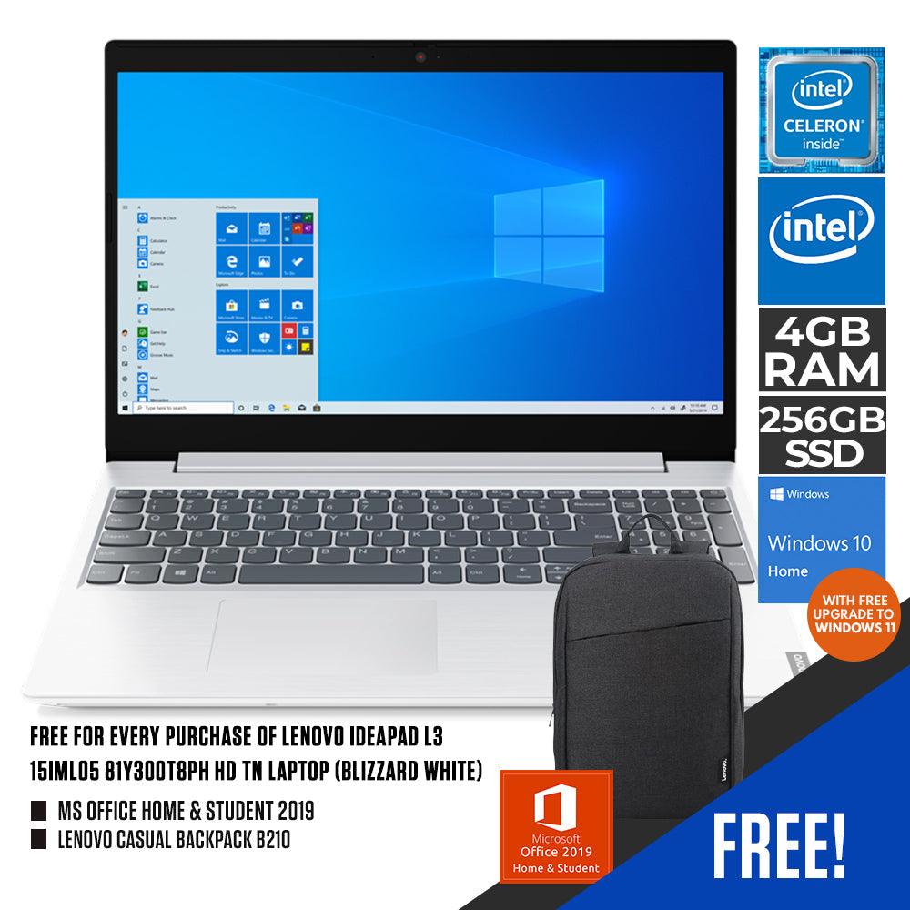 LENOVO IDEAPAD L3 15IML05 81Y300T8PH HD LAPTOP (BLIZZARD WHITE) | 15.6” | 4GB DDR4 | 256GB SSD | INTEL INTEGRATED | WIN10 + MS OFFICE HOME & STUDENT LENOVO CASUAL BACKPACK B210 - DataBlitz