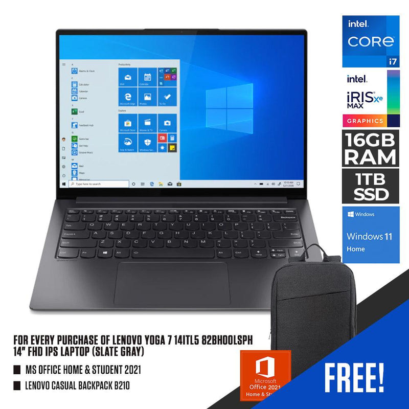 LENOVO YOGA 7 14ITL5 82BH00LSPH (SLATE GREY) | 14” FHD | Intel Core i7-1165G7| 16GB Soldered DDR4 |1TB SSD M.2 2280 PCIe | Intel Iris Xe Graphics | WIN 11 + MS OFFICE HOME & STUDENT 2021 + LENOVO 15.6” CASUAL BACKPACK B210 - DataBlitz