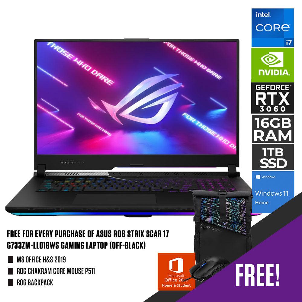 ASUS ROG Strix Scar 17 G733ZM-LL018WS Gaming Laptop (off-black) | 17.3” WQHD | i7-12700H | 2x 8GB DDR5 | 1TB SSD | RTX™ 3060 | WIN11 + MS Office H&S 2019 + ROG Chakram Core Mouse P511 + ROG Backpack - DataBlitz