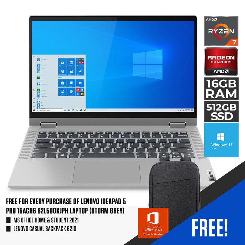 LENOVO IDEAPAD FLEX 5 14ALC05 82HU00E8PH LAPTOP (PLATINUM GREY) | 14” FHD | RYZEN 7 5700U | 16GB DDR4 | 512GB SSD | AMD RADEON | WIN11 + MS OFFICE HOME & STUDENT 2021 + LENOVO CASUAL BACKPACK B210 - DataBlitz