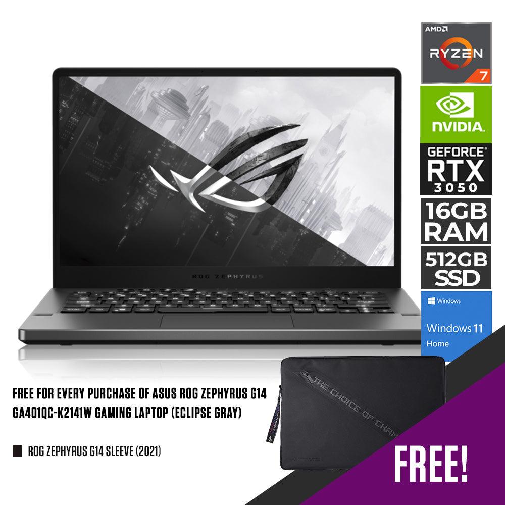 ASUS ROG ZEPHYRUS G14 GA401QC-K2141W GAMING LAPTOP (ECLIPSE GRAY) | 14” WQHD | RYZEN™ 7 5800HS |16GB DDR4 | 512GB SSD | RTX 3050 | WIN11 + ROG ZEPHYRUS G14 SLEEVE (2021) - DataBlitz