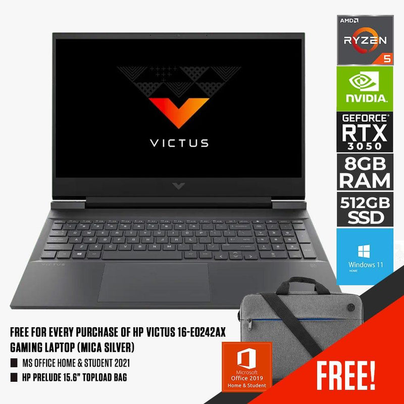 HP VICTUS 16-E0242AX GAMING LAPTOP (MICA SILVER) | 16.1” FHD | RYZEN 5 5600H | 8GB DDR4 | 512GB SSD | RTX 3050 | WIN11 MS OFFICE HOME & STUDENT HP PRELUDE 15.6” TOPLOAD BAG - DataBlitz