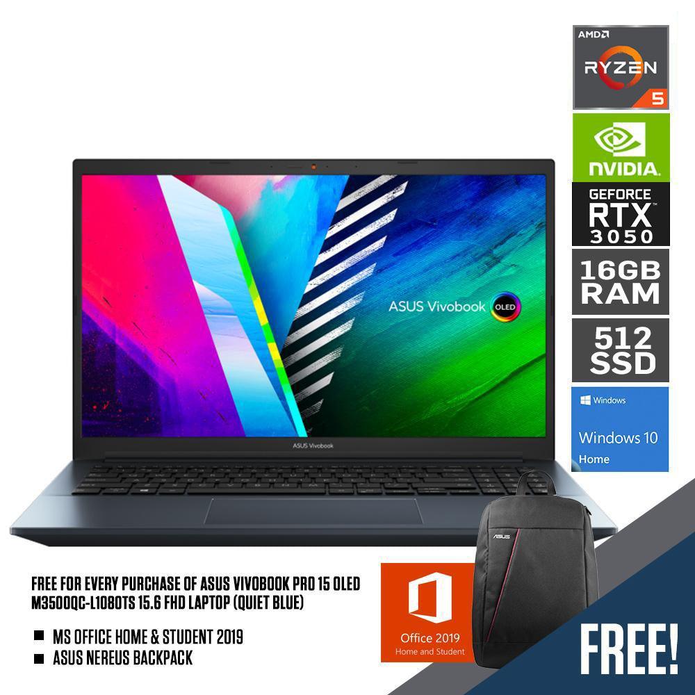 ASUS VIVOBOOK PRO 15 OLED M3500QC-L1080TS LAPTOP (QUIET BLUE) | 15.6" FHD | RYZEN 5 5600H | 16Gb DDR4 | 512GB SSD | RTX 3050 | WIN10 + MS OFFICE HOME & STUDENT 2019 + ASUS NEREUS BACKPACK (BLACK) - DataBlitz