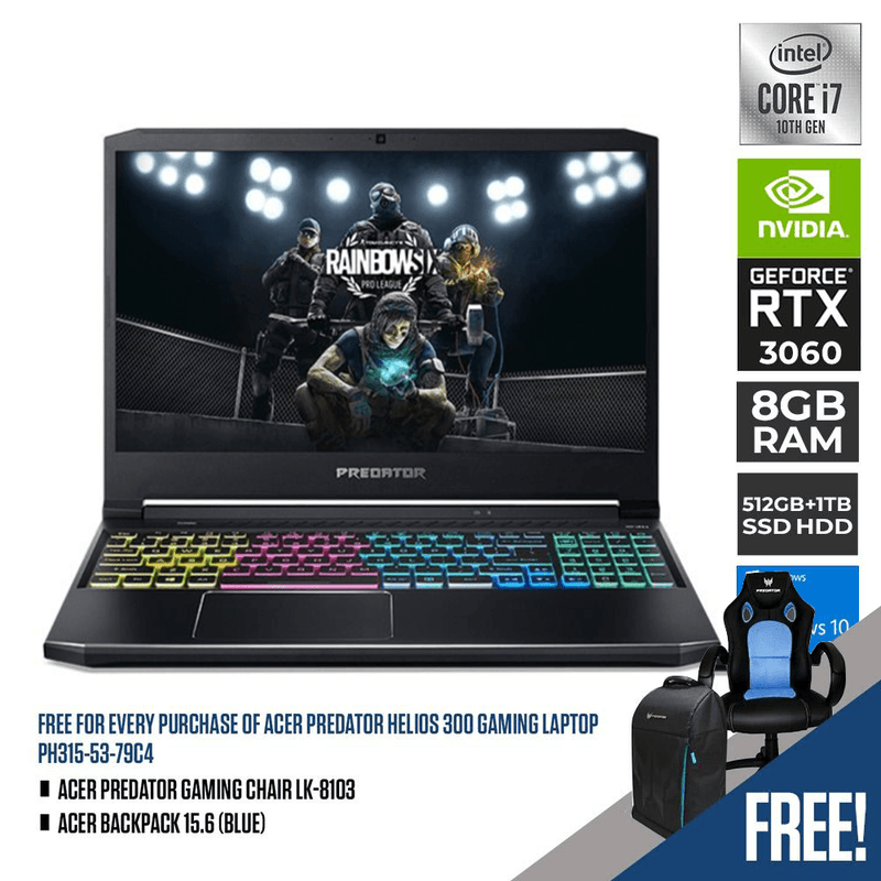 ACER PREDATOR HELIOS 300 PH315-53-79C4 GAMING LAPTOP  | 15.6" FHD | i7-10750H | 15.6" FHD | 8GB DDR4 | 512GB SSD | 1TB HDD | RTX 3060 | WIN10 + ACER PREDATOR GAMING CHAIR LK-8103 + ACER BACKPACK (BLUE) - DataBlitz