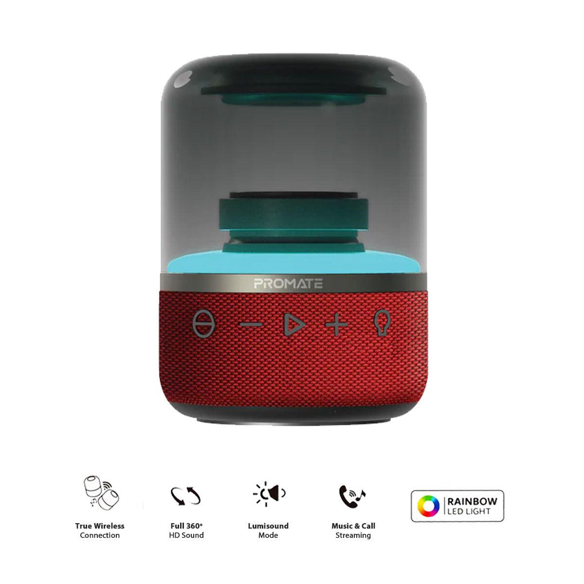 Promate Glitz Lumisound 360 Degrees Surround Sound Speaker (Red) - DataBlitz