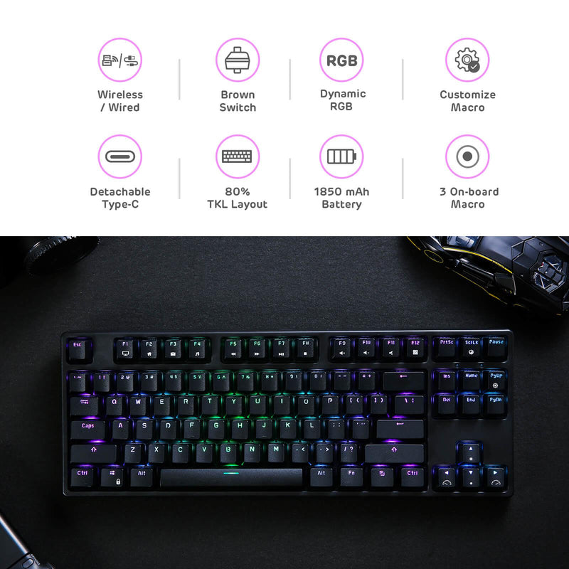 ROYAL KLUDGE RK87 TRI-MODE RGB 87 KEYS HOT SWAPPABLE MECHANICAL KEYBOARD BLACK (BROWN SWITCH) - DataBlitz