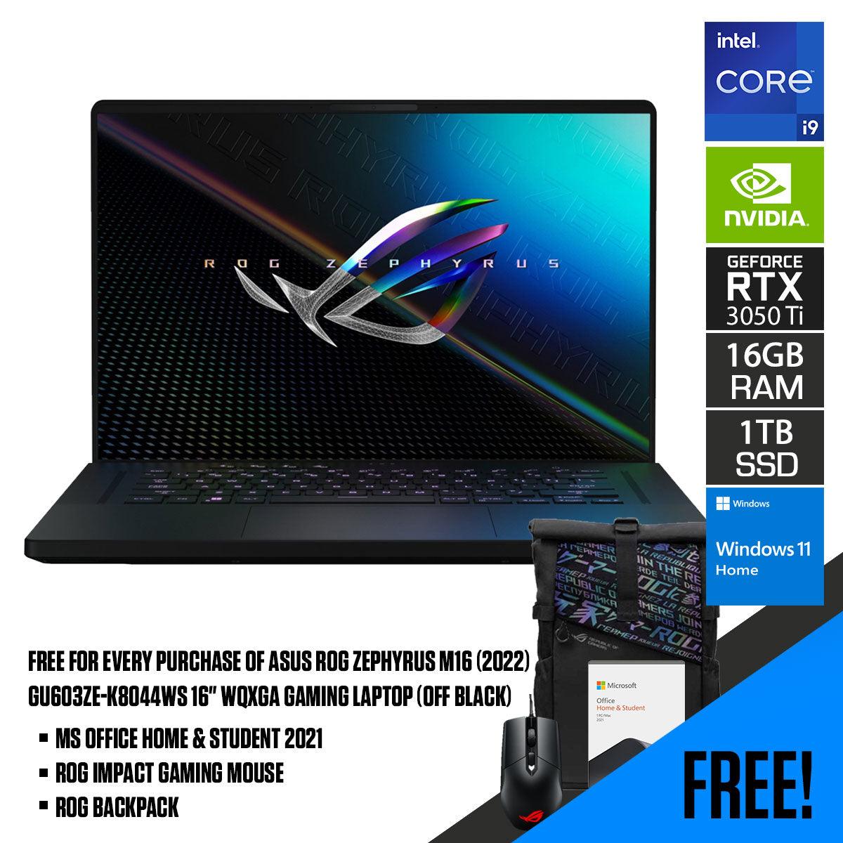 ASUS ROG Zephyrus M16 (2022) GU603ZE-K8044WS Gaming Laptop (Off Black) | 16”  WQXGA | i9-12900H | 16GB DDR5 | 1TB SSD | RTX™ 3050 Ti | Windows 11 Home | MS Office H&S 2021 | ROG Backpack | ROG Impact Gaming Mouse - DataBlitz