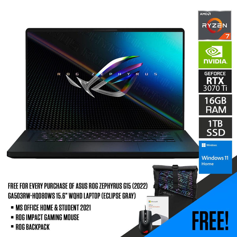 ASUS ROG Zephyrus G15 (2022) GA503RW-HQ080WS Laptop (Eclipse Gray) | 15.6” WQHD | Ryzen 7 6800HS | 16GB RAM DDR5 | 1TB M.2 SSD | RTX 3070 Ti | Windows 11 Home | Ms Office H&S 2021 | Gaming Mouse | Backpack | Type-C AC Adapter - DataBlitz