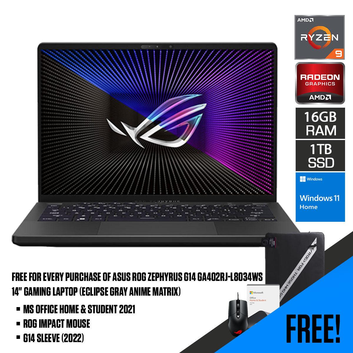 Asus ROG Zephyrus G14 GA402RJ-L8034WS Gaming Laptop (Eclipse Gray Anime Matrix) | 14" QHD+ | Ryzen™ 9 6900HS | 16GB RAM DDR5 | 1TB M.2 SSD | RX 6700S | Windows 11 Home | MS Office H&S 2021 | G14 Sleeve (2022) | ROG Impact Mouse - DataBlitz