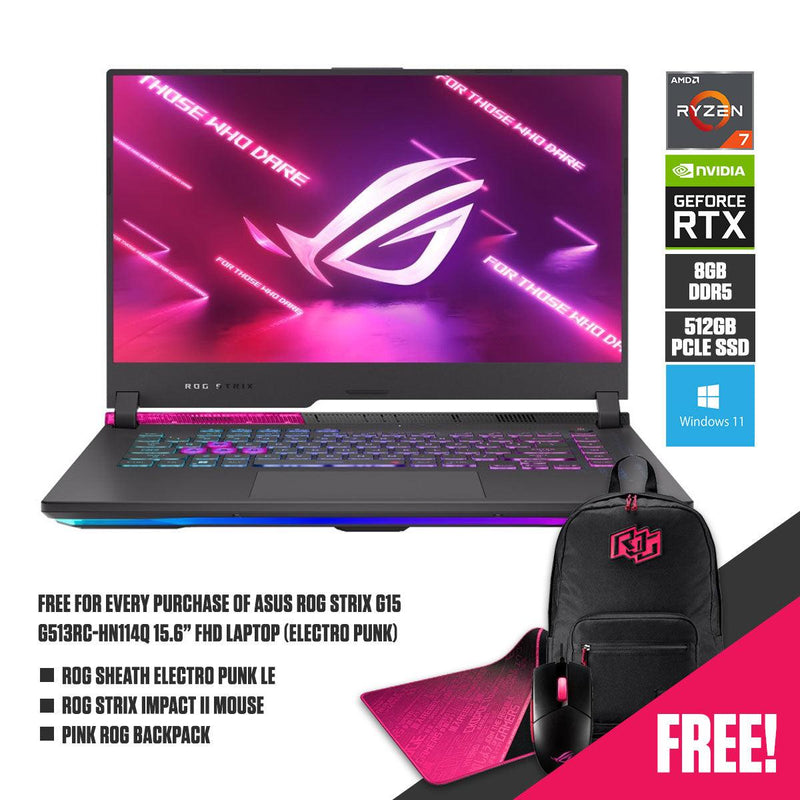 ASUS ROG Strix G15 G513RC-HN114W  Laptop (Electro Punk) | 15.6" FHD | Ryzen™ 7 6800H | 8GB DDR5 | 512GB SSD | RTX™ 3050 | Windows 11 Home | Pink ROG Backpack | ROG STRIX Impact II Mouse - DataBlitz