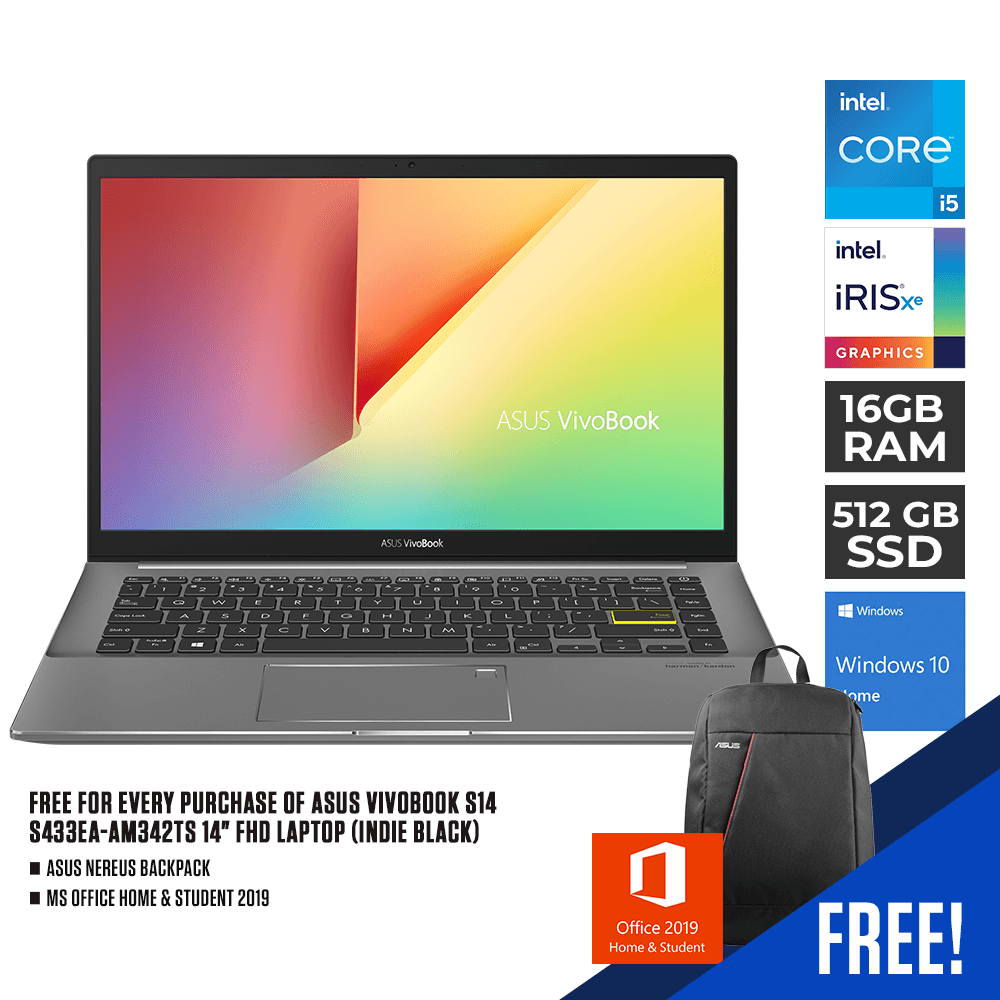 ASUS VIVOBOOK S14 S433EA-AM342TS LAPTOP (INDIE BLACK) | 14" FHD | i5-1135G7 | 16Gb DDR4 | 512GB SSD | IRIS XE | WIN 10 + MS OFFICE HOME & STUDENT 2019 + ASUS NEREUS BACKPACK - DataBlitz