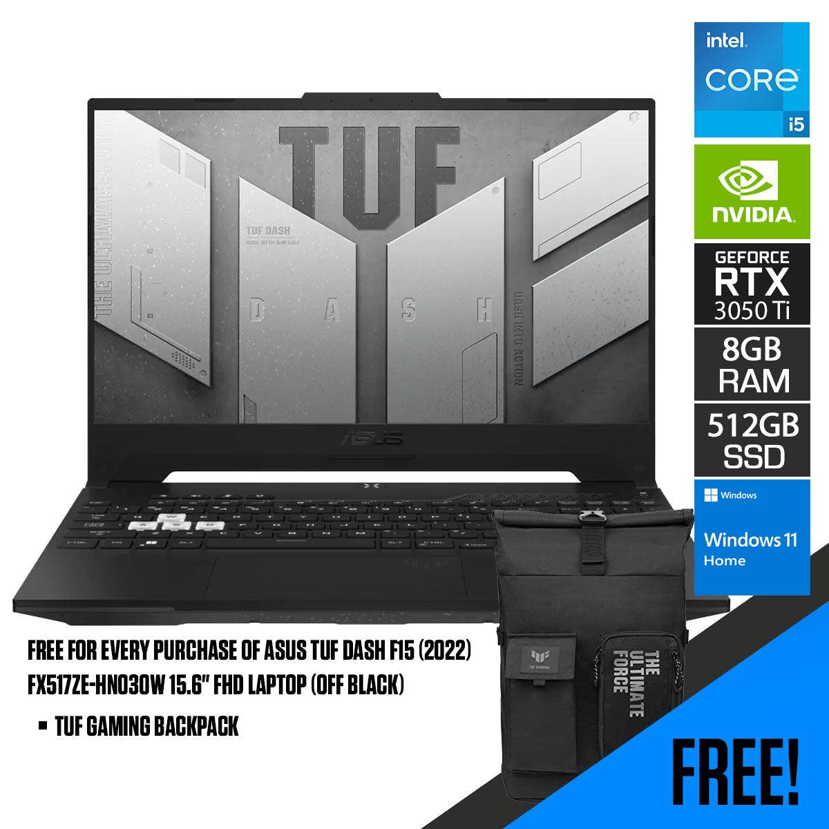 Asus TUF Dash F15 (2022) FX517ZE-HN030W Gaming Laptop (Off Black) | 15.6” FHD | i5-12450H | 8GB RAM DDR5 | 512GB M.2 SSD | RTX™ 3050 Ti | Windows 11 Home | TUF Gaming Backpack - DataBlitz