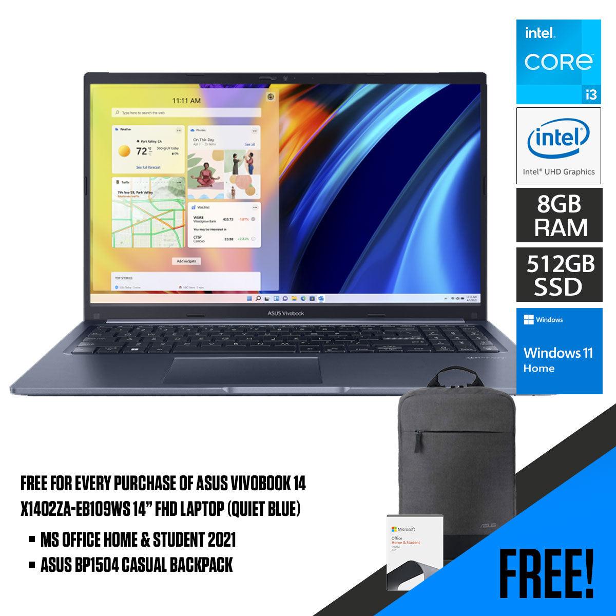 ASUS Vivobook 14 X1402ZA-EB109WS Laptop (Quiet Blue) | 14" FHD |  i3-1220P | 8GB RAM DDR4 | 512 GB SSD | UHD Graphics | Windows 11 Home | MS Office Home & Student 2021 | ASUS BP1504 Casual Backpack - DataBlitz