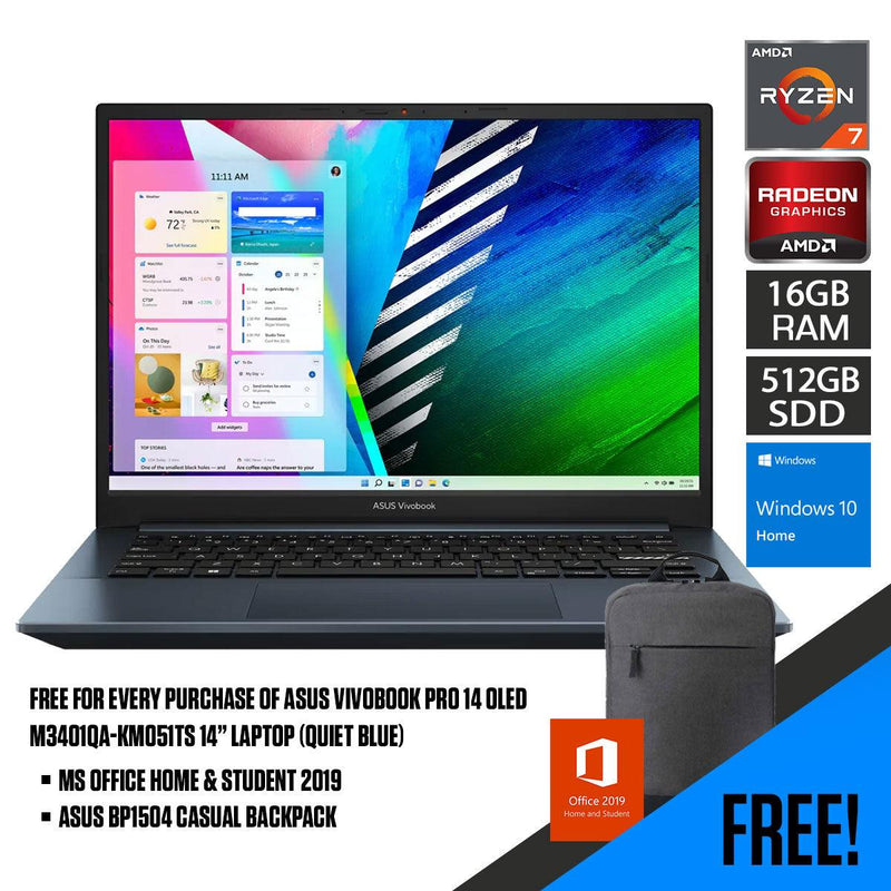 Asus Vivobook Pro 14 OLED M3401QA-KM051TS Laptop (Quiet Blue) | 14.0” 2.8K OLED | Ryzen 7 5800H | 16GB DDR4 | 512GB SSD | AMD Radeon | WIN10 | MS Office Home & Student 2019 | Asus BP1504 Casual Backpack - DataBlitz