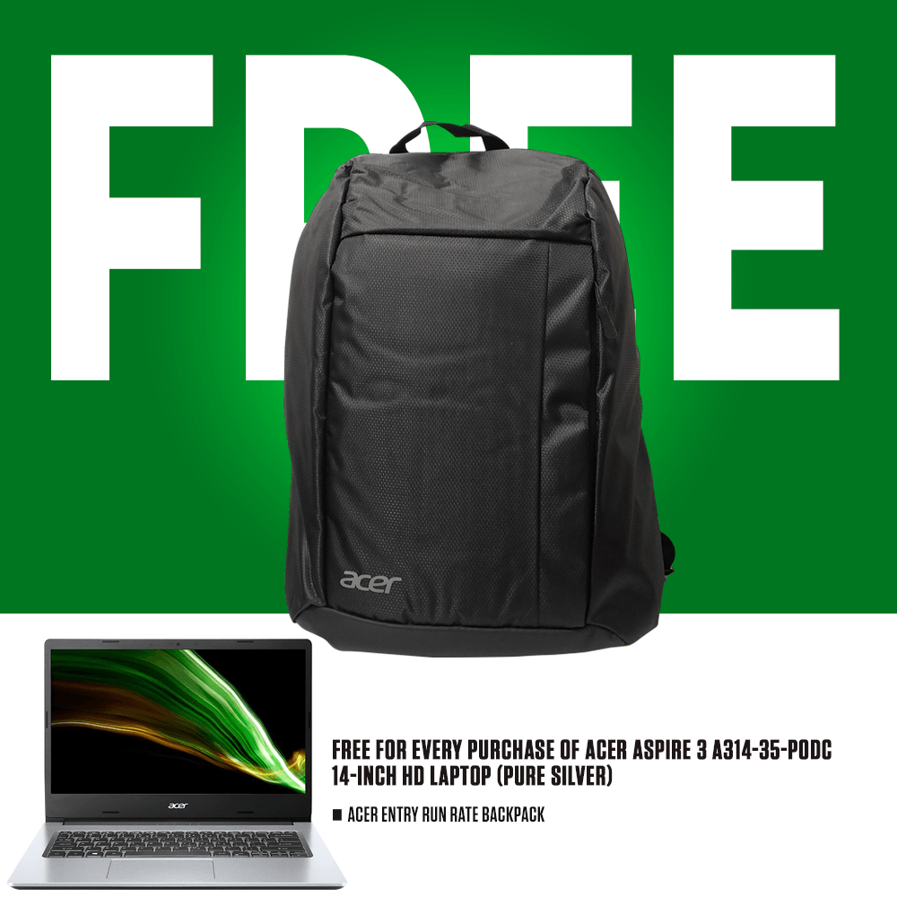 ACER ASPIRE 3 A314-35-P0DC Laptop (Pure Silver) | 14" HD | Pentium Silver N6000 | 8GB DDR4 | 256GB SSD | INTEL UHD | WIN11 + ACER Entry Run Rate Backpack - DataBlitz