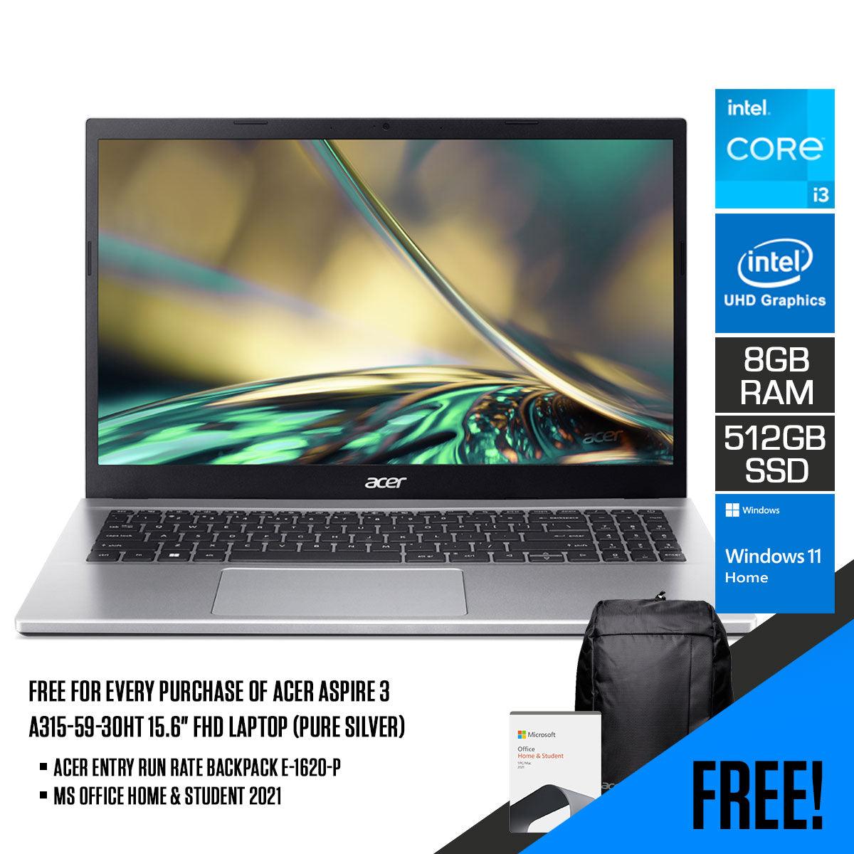ACER Aspire 3 A315-59-30HT Laptop (Pure Silver) | 15.6”  FHD | i3-1215u | 8 GB RAM DDR4 | 512 GB SSD | Intel UHD graphics | Win 11 Home | MS Office Home & Student 2021 | Acer Entry Run Rate Backpack E-1620-P (LZBPKM6B12) - DataBlitz
