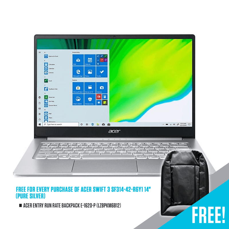 ACER SWIFT 3 SF314-42-R6Y1 14" LAPTOP (PURE SILVER) + ACER ENTRY RUN RATE BACKPACK E-1620-P (LZBPKM6B12) - DataBlitz