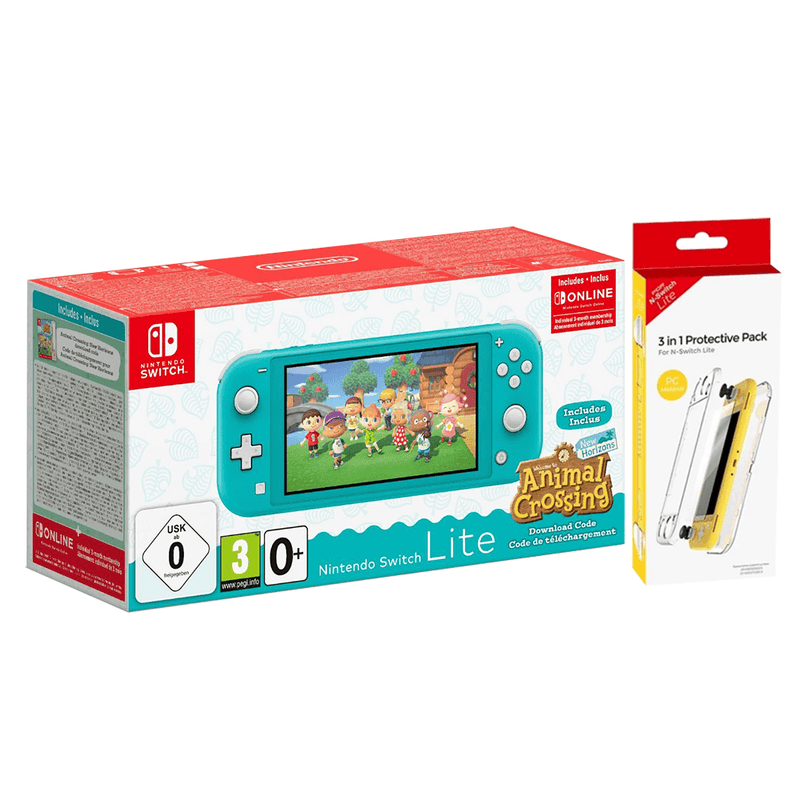 NINTENDO SWITCH LITE CONSOLE TURQUOISE (W/ ANIMAL CROSSING NEW HORIZON DOWNLOAD CODE) BUNDLE + DOBE 3 IN 1 PROTECTIVE PACK TNS-19170 - DataBlitz