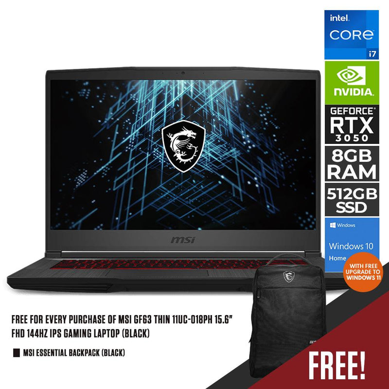 MSI GF63 THIN 11UD-016PH IPS GAMING LAPTOP (BLACK) | 15.6" FHD | i7-11800H | 8GB DDR4 | 512GB SSD | RTX 3050 TI | WIN10 + MSI ESSENTIAL BACKPACK - DataBlitz