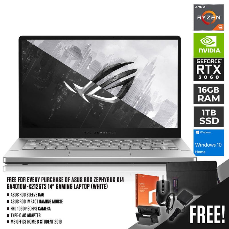Asus ROG Zephyrus G14 GA401QM-K2126TS Gaming Laptop (White) | 14" QHD | 16GB DDR4 | 1TB SSD | RTX 3060 | WIN10