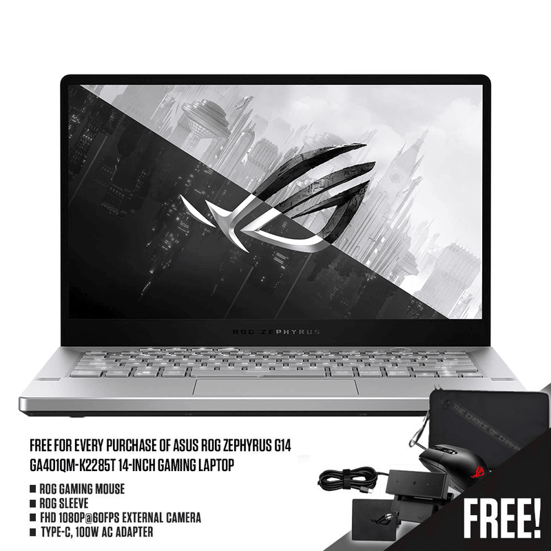 ASUS ROG ZEPHYRUS G14 GA401QM-K2285T | 14" WQHD | RYZEN™ 9 5900HS | 8GB DDR4 | 512GB SSD | RTX 3060 | WIN10 + EXTERNAL CAMERA + IMPACT GAMING MOUSE + 100W AC ADAPTER + SLEEVE - DataBlitz